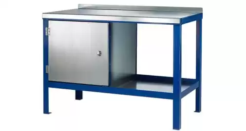 An industrial workbench with a blue frame and steel worktop